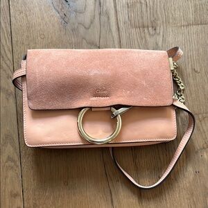 Chloe Pink Peach Leather & Suede Shoulder Bag with Gold Ring